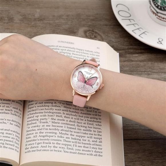 Womens Pink Butterfly  Rhinestone Watch
